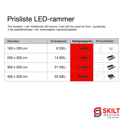 Kampanjepriser for LED-ramme i ulike størrelser
